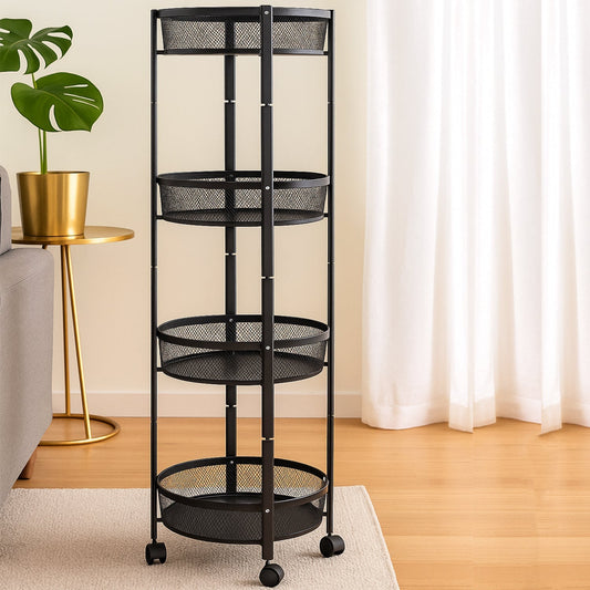 4-Layer Round Metal Folding Storage Trolley with Mesh Baskets and Wheels – Multi-Purpose Organizer Rack (1 Pc)