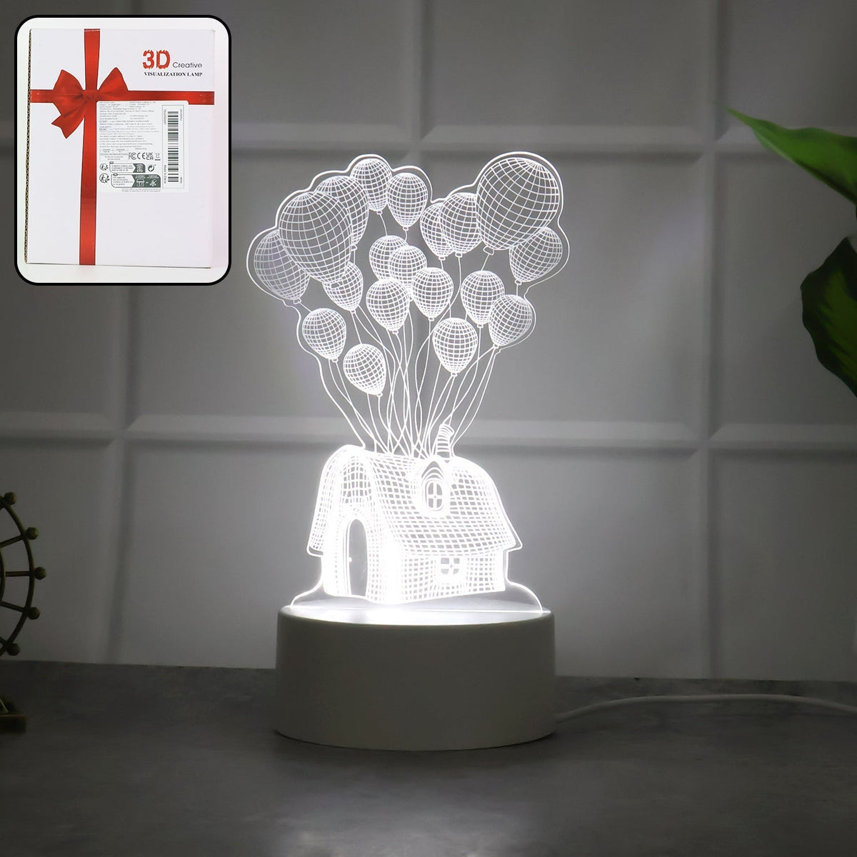 3D Illusion LED Night Lamp with House and Balloons Design