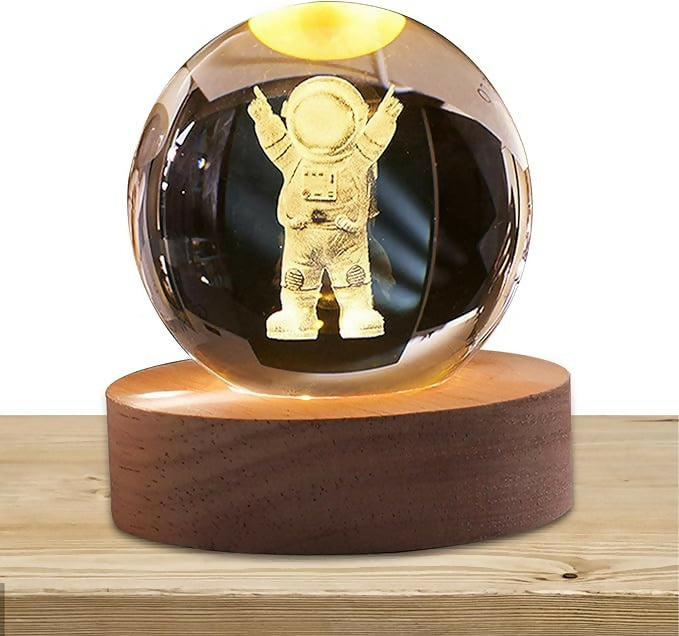 3D Engraved Crystal Astronaut LED Night Lamp with Wooden Base