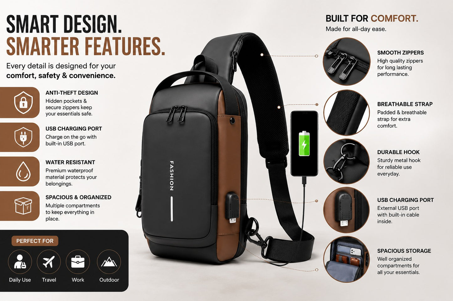 Anti-Theft Sling Bag With A USB Charging Cable